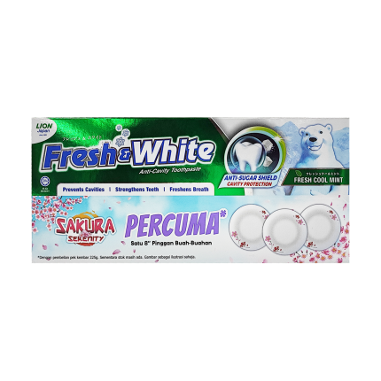 FRESH &amp; WHITE Toothpaste Fresh Cool Mint Twin Pack FREE Vintage Floral Bowl (2s x 225g)