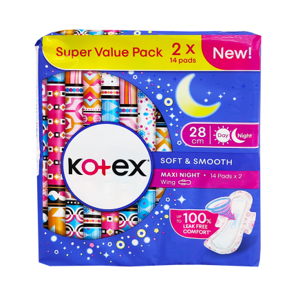 KOTEX Soft and Smooth Overnight Wing 28cm 2x14s