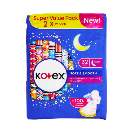 KOTEX Soft and Smooth Overnight Wing 32cm 2x12s